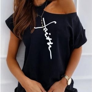 NEW Faith T-shirt Black Cut out Off Shoulders